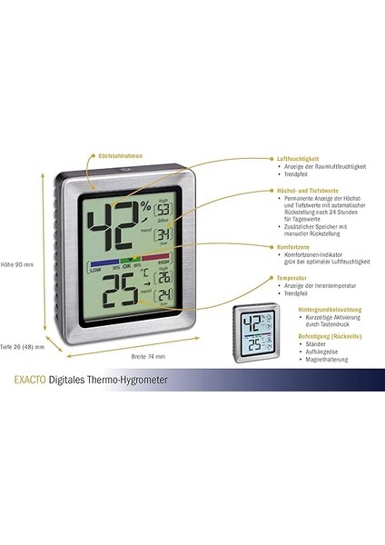 Dostmann Exacto Dijital Termo-Higrometre, 30.5047.54, Nem, Sıcaklık, Sağlıklı Yaşam Iklimi, Özellikle Hassas Sensörlü, U 74 x G 26 (48) x Y 90 mm fiyatları
