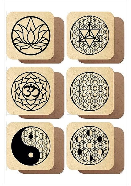 Kutsal Geometriler Temalı 6'lı Ahşap Bardak Altlığı Seti UNTNM729