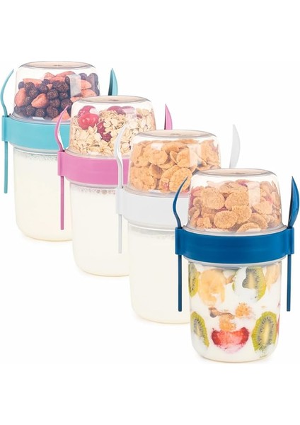 ml Take-Go Kaşıklı Hazneli Meyveli Müsli Kabı Piknik Iş Yoğurt Süt Bardağı Kapaklı ve Kaşıklı Kahvaltı Bardakları, Tahıl Tepesi Yulaf Ezmesi Granola (4'lü Set)