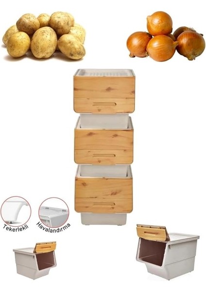 Patateslik Soğanlık Sepeti Oyuncak Kutusu Tekerlekli Organızer Çok Amaçlı Kutu 3X12LT-BAMBU+KREM fiyatları