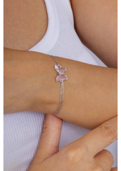 Pembe Taşlı Kelebek Gümüş Bileklik