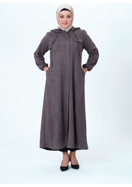 Desen Kadın Büyük Beden Kapüşonlu Mevsimlik Süet Ferace