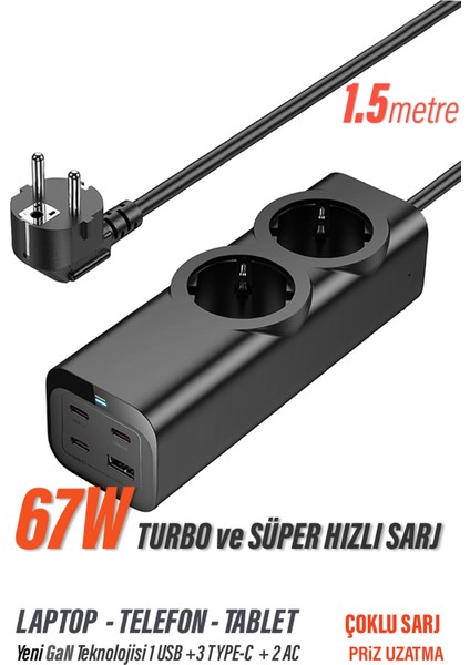 Priz + 45W Süper Hızlı - 67W Turbo Hızlı Priz Çoklayıcı Uzatma Kablosu 1.5 Metre