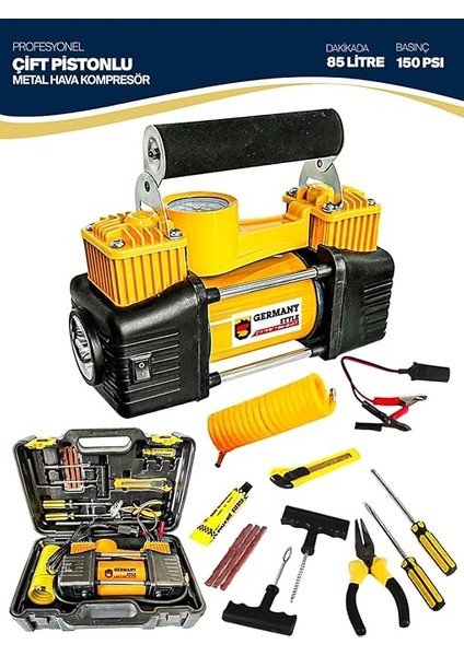 Profesyonel Çift Pistonlu 12 V 150 Psi Dakikada 85 Lt Araç Araba Lastik Bot Şişirme Kompresörü Lastik Tamir Kiti Hediyeli fiyatları
