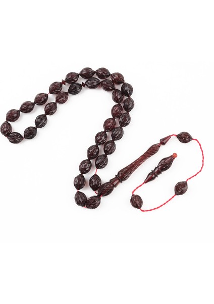 Ateş Kehribar Kalem Işçilikli El Işlemli Beyzi Kesim 9X11MM Tesbih