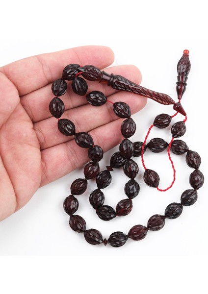 Ateş Kehribar Kalem Işçilikli El Işlemli Beyzi Kesim 9X11MM Tesbih fiyatları