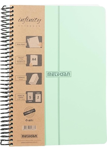 Infinity Pastel Serisi, A4, 7 Konulu (5 Kareli, 2 Çizgili) 210 Yaprak Pp Kapaklı Spiralli Defter, Yeşil
