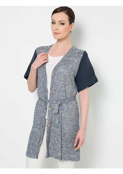 Düğmeli Kuşaklı Triko Mavi Y1572008_036