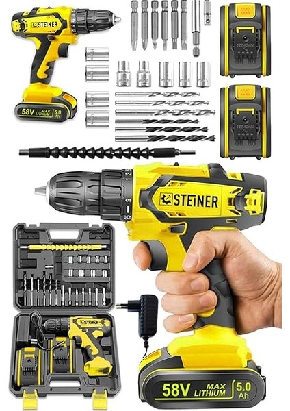 Alman Kupfer Darbeli 58 V 5 Ah Çift Akülü Vidalama Matkap Sarı + 24 Parça Set fiyatları