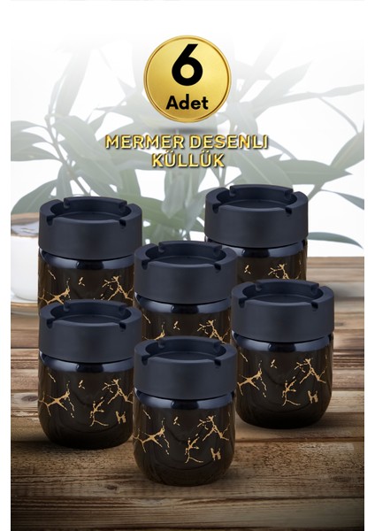 6 Adet Siyah Bronz Mermer Desenli Dekoratif Cam Kokusuz Küllük Kül Tablası Seti 425 cc