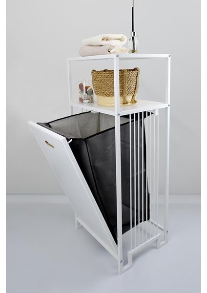 Metal Kirli Sepetli 2 Raflı Çok Amaçlı Banyo Düzenleyici Raf Organizer Beyaz – MRS-007 C1-1-369