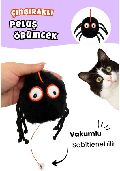 Cadılar Bayramı Temalı Kedi Oyuncak Seti | Hışırtılı Yarasa, Balkabağı Minder ve Örümcek Kedi Oltası