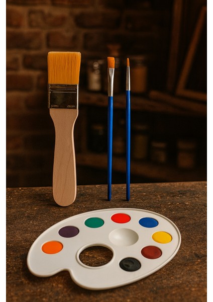 Yağlı Boya Akrilik Fırça Boyası, 3 Adet Fırça, Zemin Fırça, Resim Palet Paledi