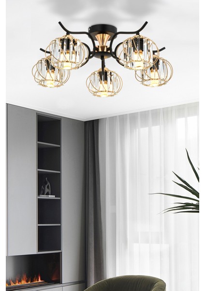 Aren 5’li Plafonyer Avize Kristal Taşlı Modern Dekoratif Aydınlatma
