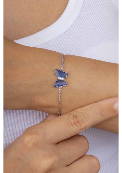 Mavi Taşlı Kelebek Gümüş Bileklik modelleri
