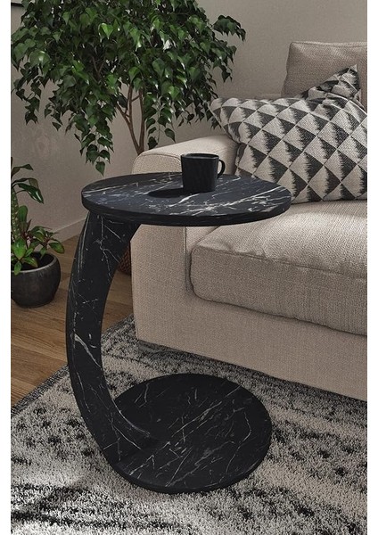 Tekerlekli C Sehpa Koltuk Sehpası Yan Sehpa Zigon Sehpa Servis Sehpası - Siyah Mermer Desen fırsatları