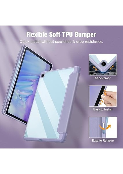 Samsung Galaxy Tab S6 Lite 10,4 Inç 2024/2022/2020 Tablet Için Hibrit Kılıf - Darbeye Dayanıklı Koruyucu Kılıf Şeffaf Sert Kabuk ve Kalem Tutuculu, Pastel Mor indirimleri