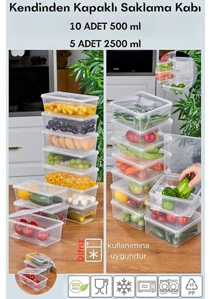 - 15'li Set Saklama Kabı, 10 Adet 500ML Dikdörtgen ve 5 Adet 2500ML Kare Şeffaf Kendinden Kapaklı Saklama Kabı, Bpa Içermez, Buzdolabı, Dondurucu ve Dolap Organizeri modelleri