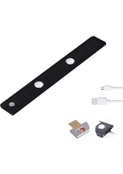 Sensörlü Ledli Gece Lambası, Parlaklık Ayarı Yapılabilir, 3000K-6000K, 3 Mod, Kablosuz, Merdiven Aydınlatması, USB Şarj Edilebilir Işık, LED Manyetik Lamba (Bambu - Siyah 30 Cm)