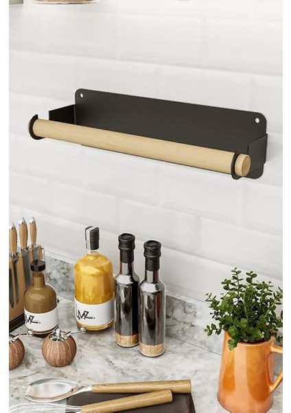 Yapışkanlı Doğal Gürgen Ağaç Ahşap Bar Metal Rulo Kağıt Havluluk, Kağıt Havlu Standı, Banyo Mutfak Havlu Çubuğu, Peçetelik Kağıt Havlu Rafı, Kağıt Havluluk Askısı (Metal, Siyah) modelleri