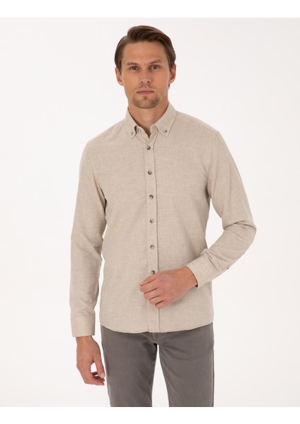 Erkek Bej Flanel Dokulu Slim Fit Uzun Kollu Gömlek 50316751-VR011