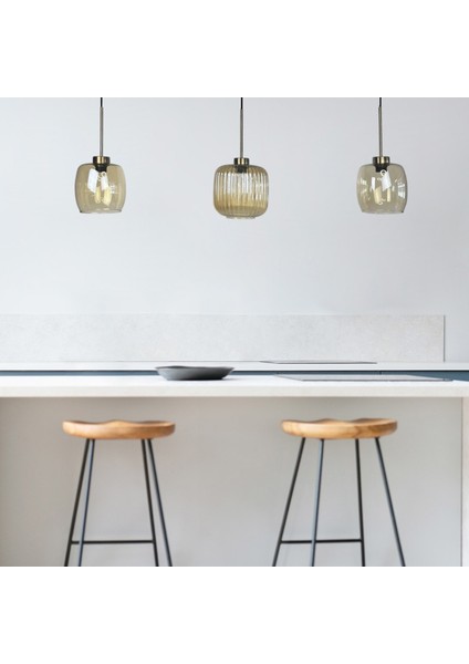 Üçlü Lunex Cam Bal Rengi Avize Ince Eskitme Başlık Sarkıt Yemek Masası Üstü Iç Mekan Cafe Otel