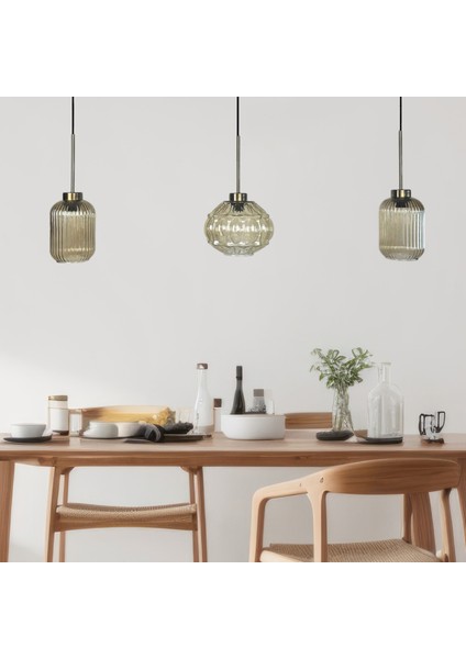 Üçlü Lunex Cam Bal Rengi Avize Ince Eskitme Başlık Sarkıt Yemek Masası Üstü Iç Mekan Cafe Otel