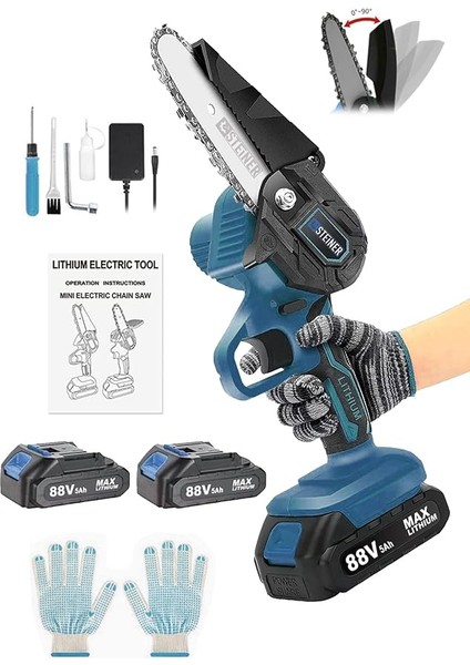 Alman 88 V 5 Ah Çift Akülü Dal Kesme Budama Testere Bıçkı Makinesi Çantalı 10 cm Palalı