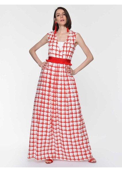 Kareli Kırmızı Uzun Elbise Orginal Y1911327_050