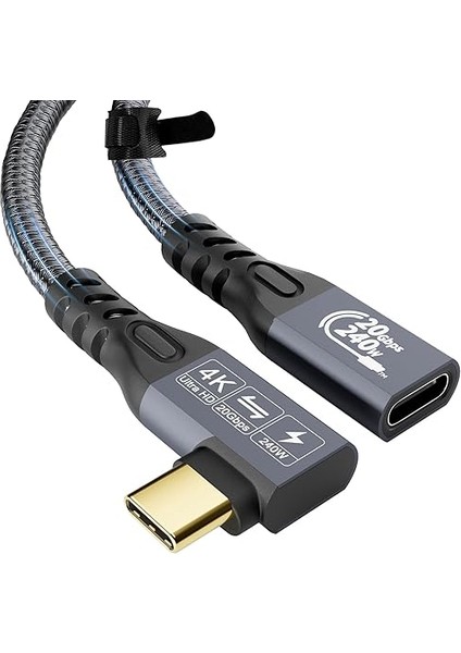 Thunderbolt 4 Erkek - Fmale Kablo Uzatma 0,5 M, 240 W Şarj, 20 Gbps Veri Aktarımı, 4K USB C 3.2 Gen2×2 MacBook Pro, Dell, Arzopa, Galaxy, Taşınabilir Monitör Için USB C Için Dik Açı Kablosu