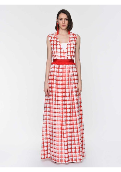 Kareli Kırmızı Uzun Elbise Orginal Y1911327_050 modelleri
