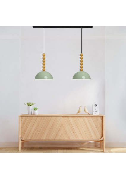 Ikili Mint Lipeo Ahşap Altı Boncuk Avize Sarkıt Salon Mutfak Kuaför Lamba Dekoratif Aydınlatma