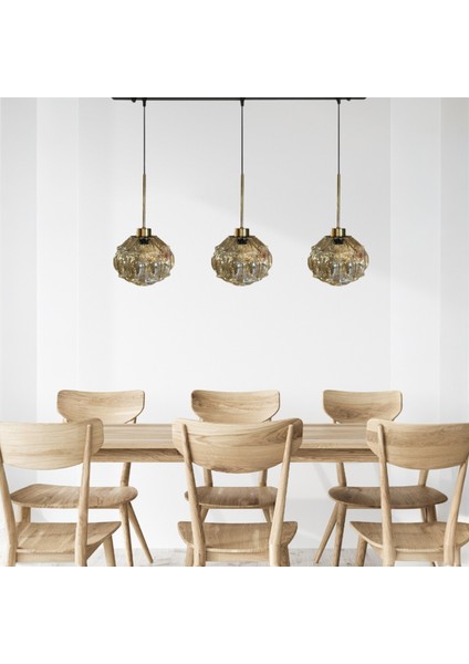 Şila Cam Bal Rengi Üçlü Avize Ince Eskitme Başlık Retro Sarkıt Lamba Salon Aydınlatma