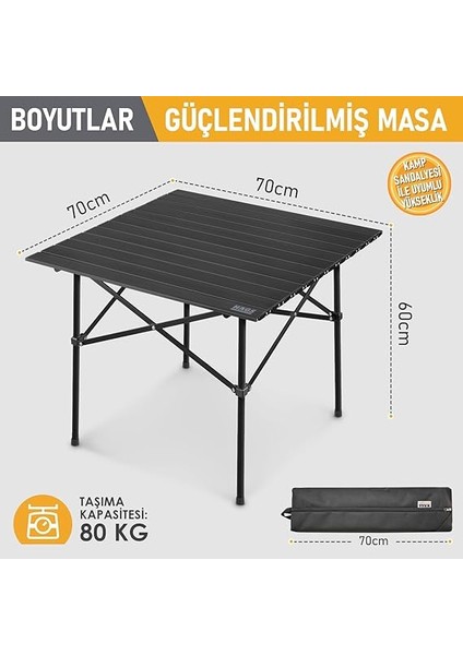 Güçlendirilmiş Alüminyum Katlanır Kamp Masası, Katlanabilir Outdoor Masa, Piknik Masası, Menteşeli Sistem, Dayanıklı Sağlam Gövdeli Kamp Masası, Taşınabilir Hafif, 3-4 Kişilik, 70X70X60CM Siyah modelleri