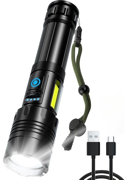 Güçlü Işık LED El Feneri - 1000000 Lümen Güçlü Işık, 7 Farklı Işık Modu, Yan Işıklı, Ipx6 Su Geçirmez, Yakınlaştırılabilir, Şarj Göstergeli, Taşıma Çantalı, 1 Km Uzun Menzilli Parlak El Feneri