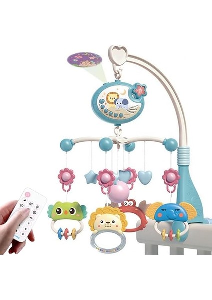 Pilli Işıklı Müzikli Projektörlü Kumandalı Sabitlemeli Dönence Çıngıraklı Dişlikli Bebek Yatıştırıcı Zaman Ayarlı (Mavi)