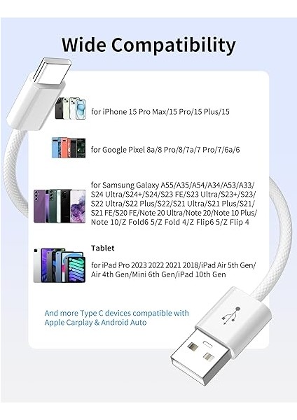 iPhone 16 15 Pro Max Plus Carplay Için USB C Kablosu, 18 W USB C Kablosu, Naylon Şarj Kablosu, Tip C Android Araç Kablosu, Samsung Galaxy A55 A35 A54 A34 A33 S24 S23 Z Flip6 Pixel 8A 9 Pro Için indirimleri