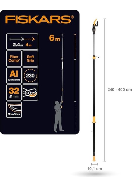 Bypass Teleskopik Budama Zürafası, Taze Dallar ve Dallar Için, Yapışmaz Kaplama, Çelik Bıçak/alüminyum Sap, Uzunluk 2,4 – 4 M, Siyah/turuncu, UPX86, 1023624 fiyatları