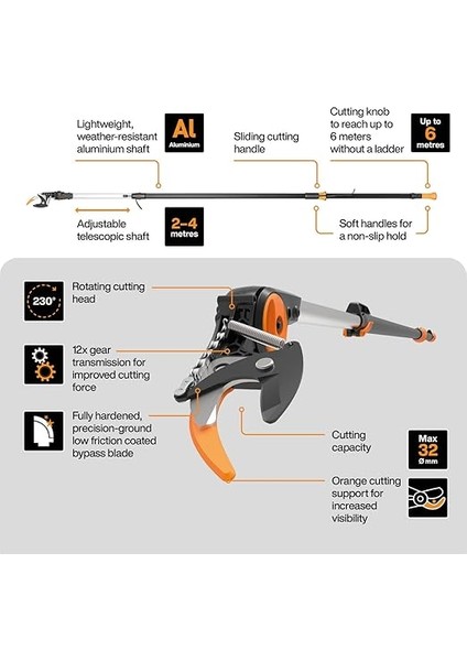 Bypass Teleskopik Budama Zürafası, Taze Dallar ve Dallar Için, Yapışmaz Kaplama, Çelik Bıçak/alüminyum Sap, Uzunluk 2,4 – 4 M, Siyah/turuncu, UPX86, 1023624 modelleri