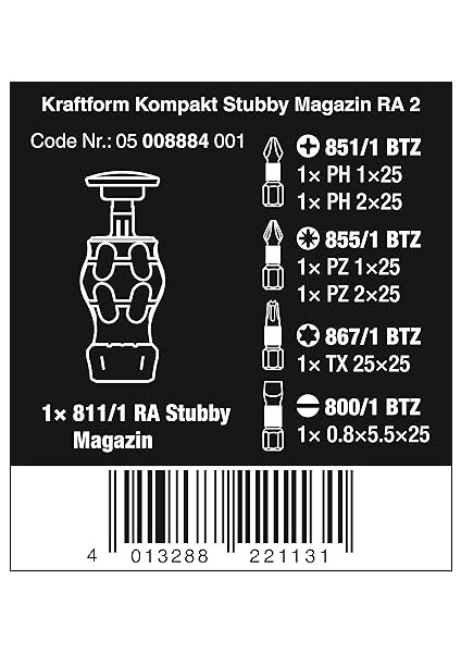 05008884001 Kraftform Kompakt Stubby Magazin Ra 2, Cırcırlı Kısa Tornavida, Uç Hazneli, 6 Parça fiyatları