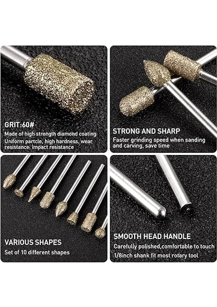 Elmas Taşlama Çapak Ucu Seti, 20 Adet Döner Alet Aksesuarları Taş Seramik Cam Oyma, Taşlama, Parlatma, Gravür Için I / 8 Inç Şaftlı Elmas Çapak Seti fiyatları