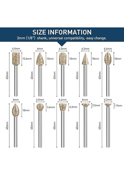 Elmas Taşlama Çapak Ucu Seti, 20 Adet Döner Alet Aksesuarları Taş Seramik Cam Oyma, Taşlama, Parlatma, Gravür Için I / 8 Inç Şaftlı Elmas Çapak Seti indirimleri