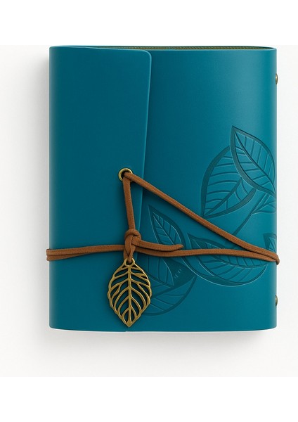 Yaprak Baskılı Deri Kapaklı Özel Tasarım Hediyelik Deri Kaplı Ajanda Anı Defteri Not Defteri Mavi