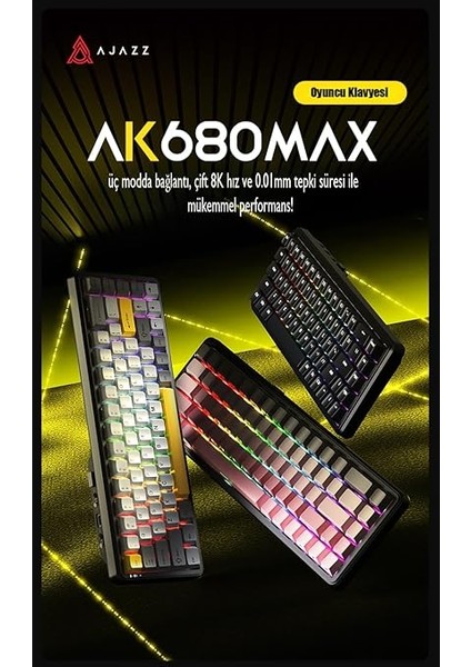 Ajazz AK680 Max%68 Manyetik Switch, 3000MAH Batarya 8000 Hz KABLOLU-1000 Hz Polling Rate Kablosuz Manyetik Klavye Rgb Arkadan Aydınlatmalı Özelleştirilebilir Tuşlar (AK680 Max - Siyah) fırsatları