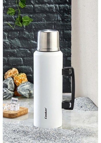 1.5 Litre Çift Katlı Çelik Termos-24 Saat Sıcak, 48 Saat Soğuk, Kulplu (Kamp, Piknik, Ofis, Seyahat) Beyaz