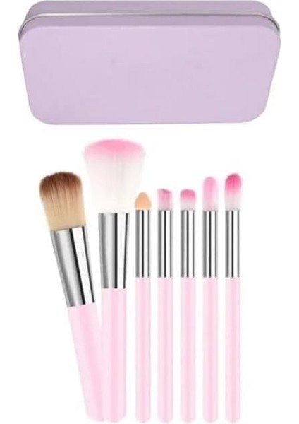 7 Adet Makyaj Fırça Seti Metal Kutuda Pembe