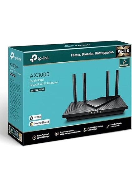 Archer AX55, AX3000 Mbps Dual Band Wi-Fi 6 Router, Fiber Destekli, 4× Gigabit Lan Ports, Wpa3, 1× USB 3.0 Port, Oyun Için Ideal Xbox/ps4/8k Steam modelleri