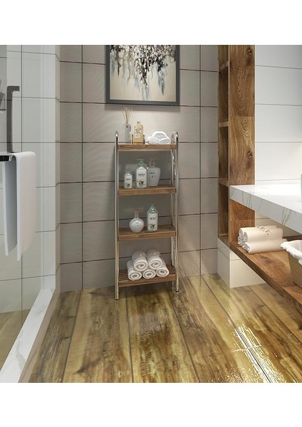 Concept Sahra Krom 4 Katlı Ahşap Raf Banyo Köşe Rafı Düzenleyici Organizer Raf