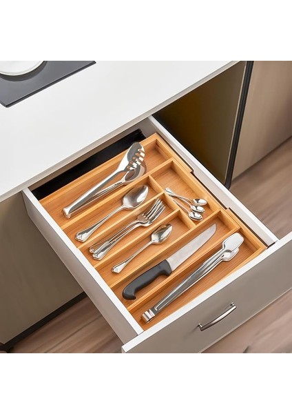 M9263-55 Ölçü Ayarlı 5-7 Bölmeli Bambu Kaşıklık - Çekmece Içi Tezgah Üstü Kaşıklık Organizer