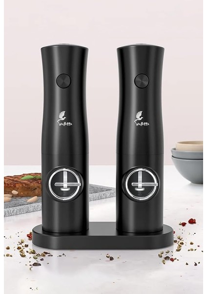 Portofino 2'li Standlı Pilli Tuz Karabiber Değirmeni Otomatik Baharat Öğütücü Siyah